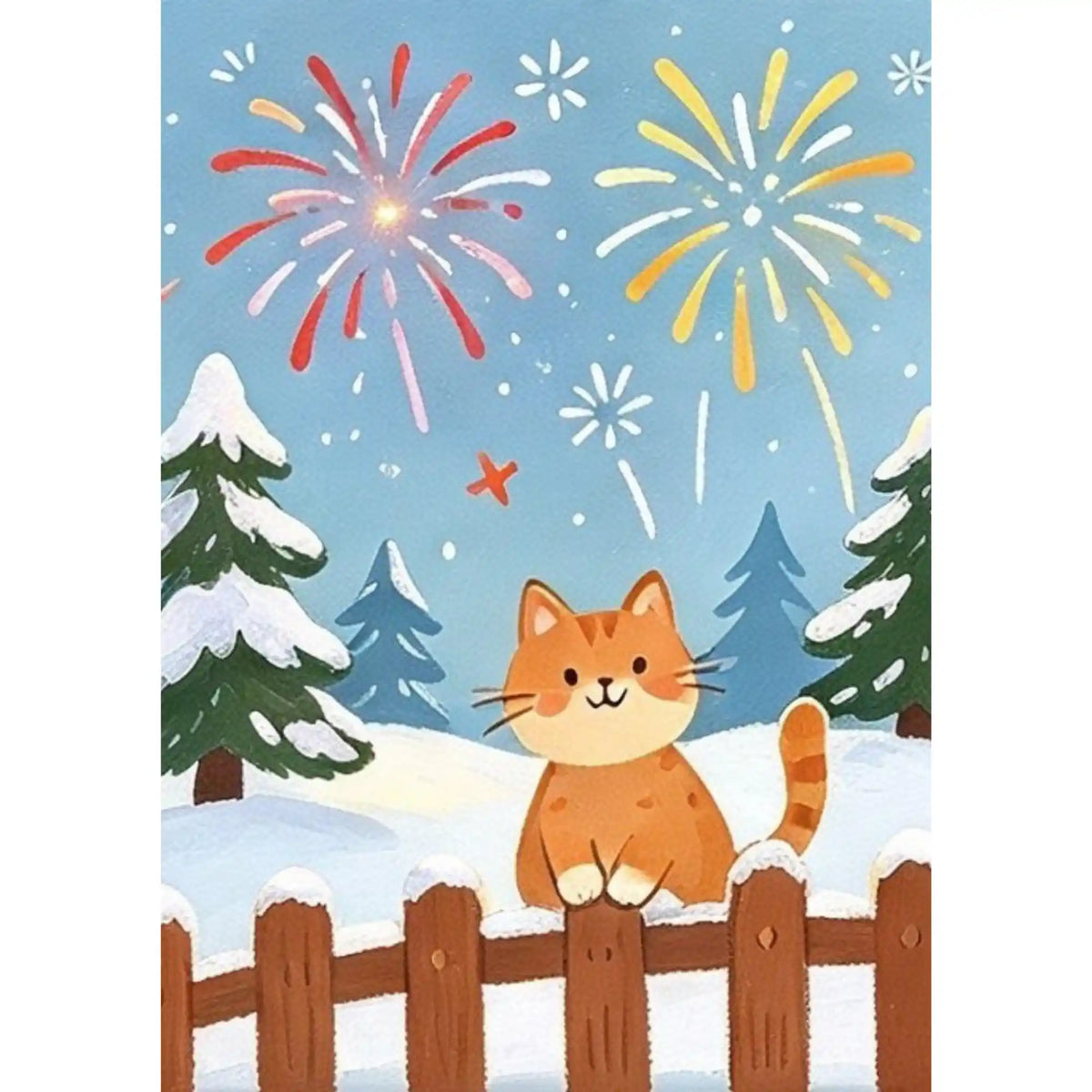 Malen nach Zahlen: Orange Katze auf verschneitem Zaun vor buntem Silvester-Feuerwerk und Tannen im Winter
