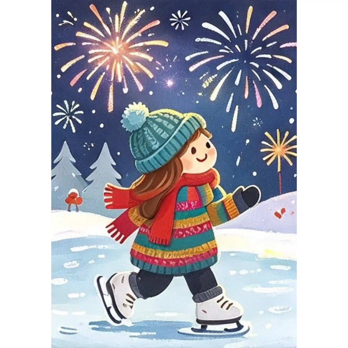 Malen nach Zahlen Motiv: Mädchen mit Bommelmütze und rotem Schal beim Eislaufen unter buntem Feuerwerk am Nachthimmel