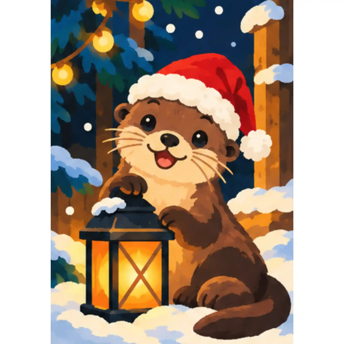 Malen nach Zahlen: Otter mit Weihnachtsmütze und leuchtender Laterne im Schnee vor verschneiten Tannenzweigen