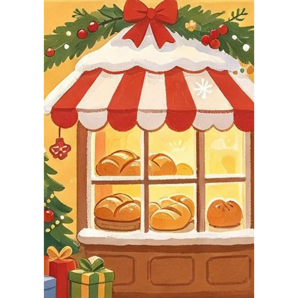 Malen nach Zahlen Erwachsene: Weihnachtsbäckerei mit verschneitem Vordach, frischen Brötchen im Fenster und roter Schleife