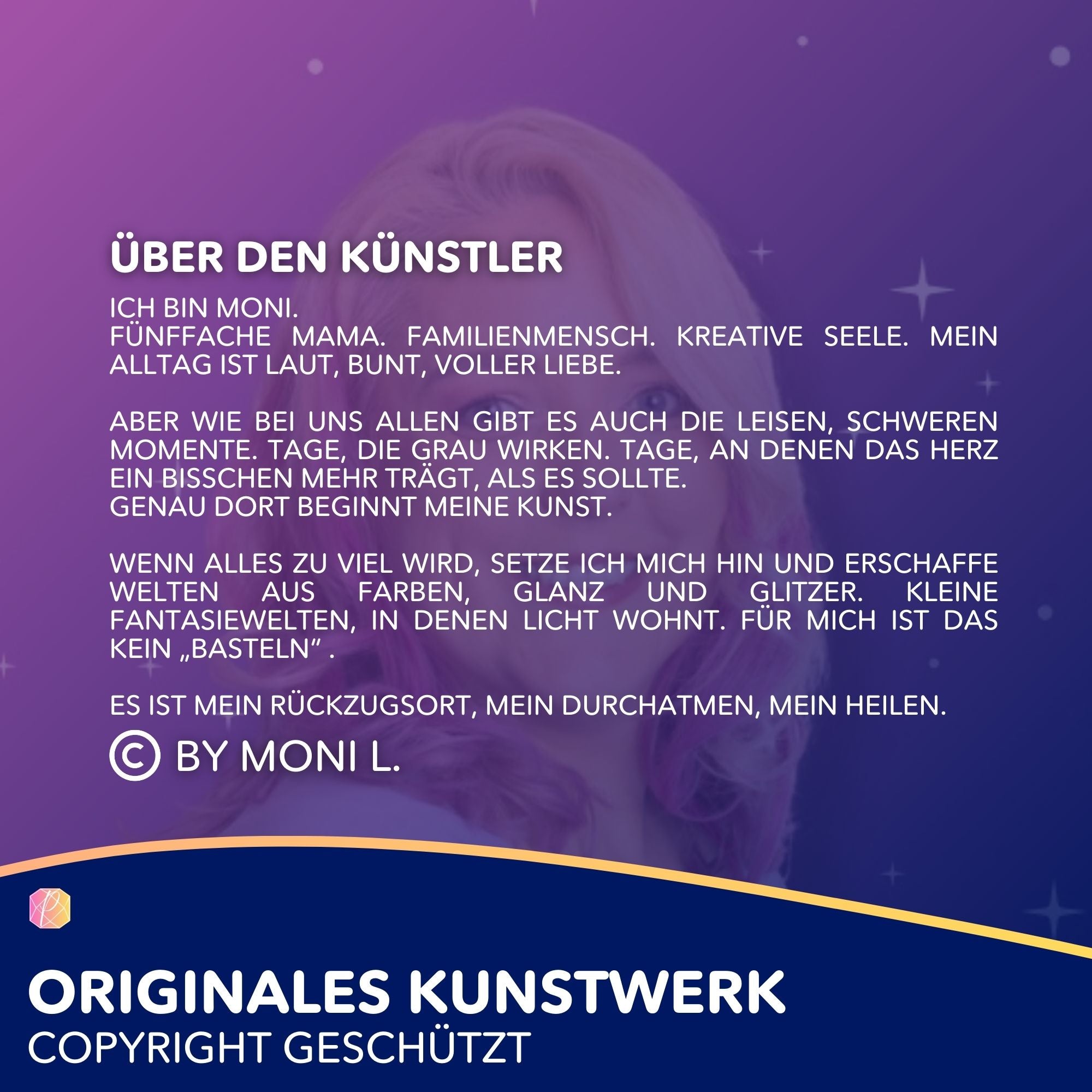 Künstlervorstellung Moni L. für exklusive Diamond Painting Sets mit funkelnden Steinen und kreativen Kunstwerken