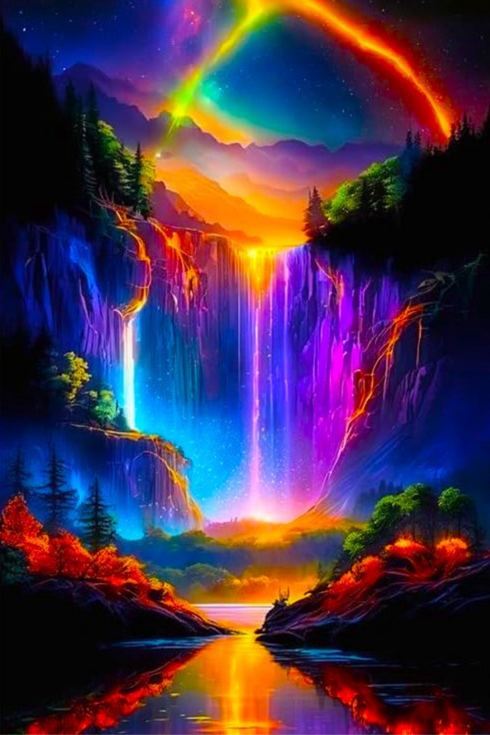 Diamond Painting - Nachtleuchten am Wasserfall