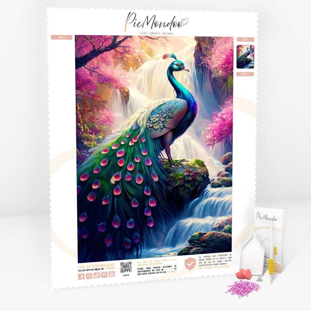 Diamond Painting - Prachtvoller Pfau am Wasserfall