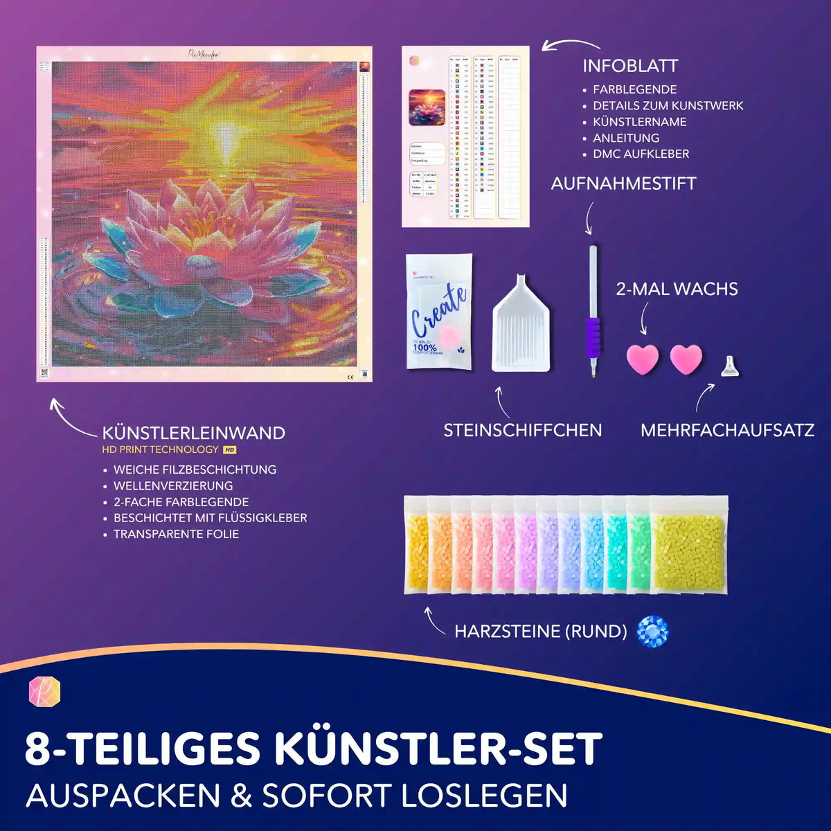 8-teiliges Diamond Painting Set mit Lotusblüten-Motiv, runden Harzsteinen und Zubehör für kreatives Hobby-Basteln.