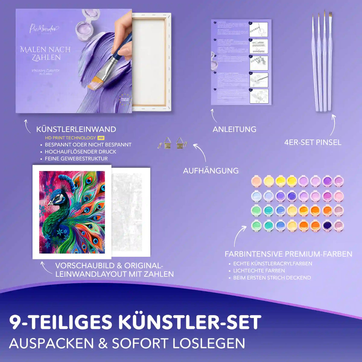 Malen nach Zahlen Erwachsene Set Majestät der Farben: Pfau-Leinwand, Acrylfarben und Zubehör.