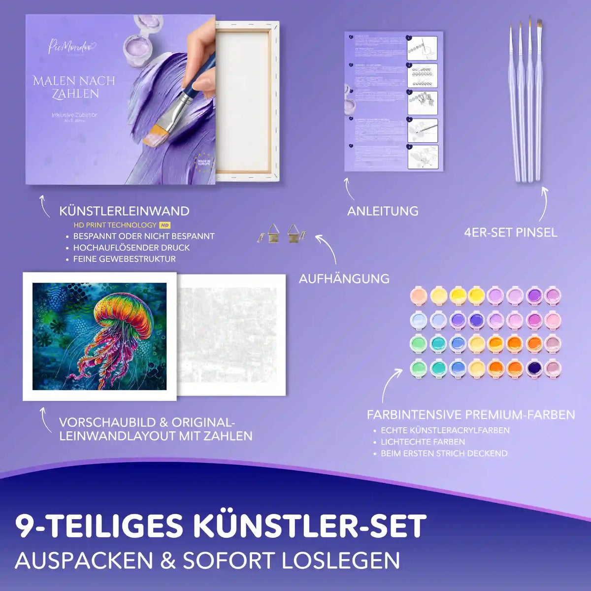 Malen nach Zahlen Erwachsene: Medusa Solaris Set mit bunter Qualle, Leinwand, Acrylfarben und Pinseln.