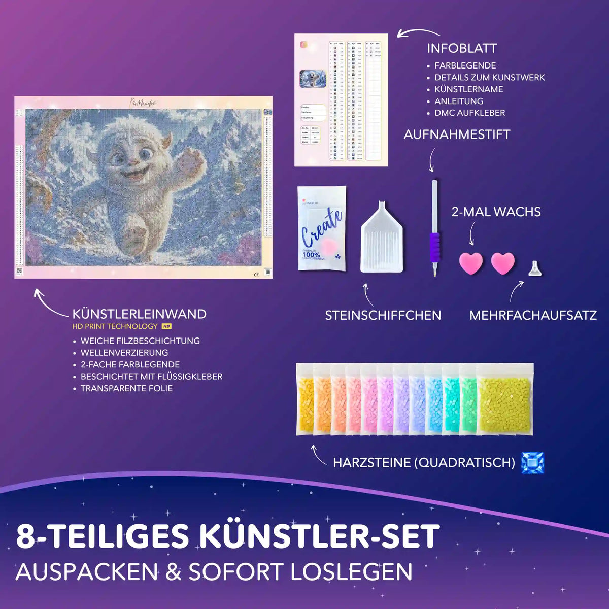 Diamond Painting Set Mitten ins Abenteuer: Winter-Yeti Leinwand mit eckigen Steinen und Zubehör