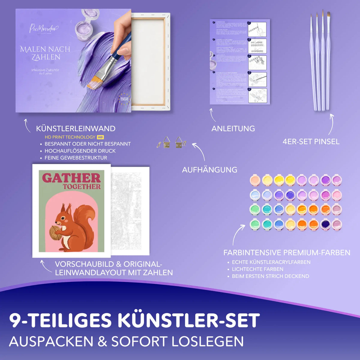 Malen nach Zahlen Set Gather Together mit Eichhörnchen-Motiv, Leinwand, Acrylfarben, 4 Pinseln, Anleitung und Aufhängung