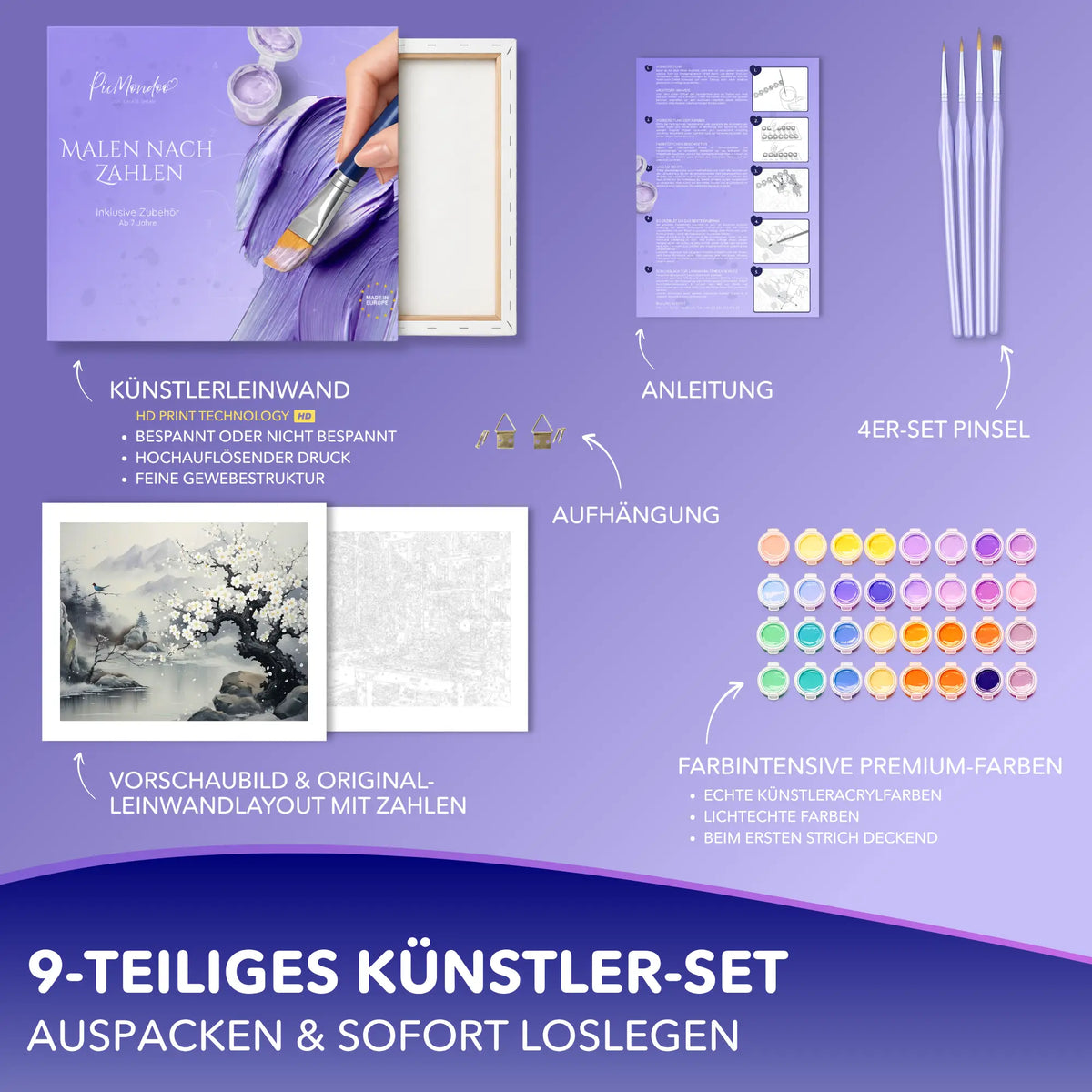 Malen nach Zahlen Set Glanz der Natur mit Leinwand, Acrylfarben und Pinseln für Erwachsene und kreative Bastler
