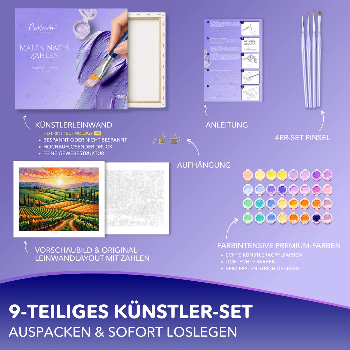Picmondoo Malen nach Zahlen Set Unter der Sonne der Toskana mit Leinwand, Acrylfarben, Pinseln und Anleitung
