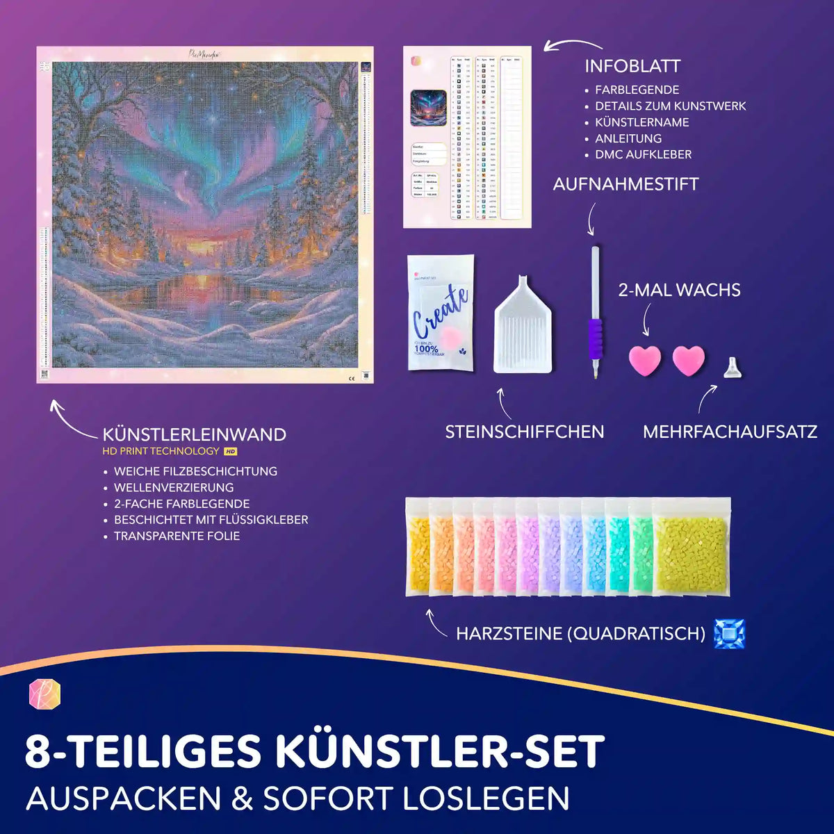 XXL Diamond Painting Set Wenn der Himmel tanzt mit Nordlichtern, Winterwald, quadratischen Steinen und Bastelzubehör.