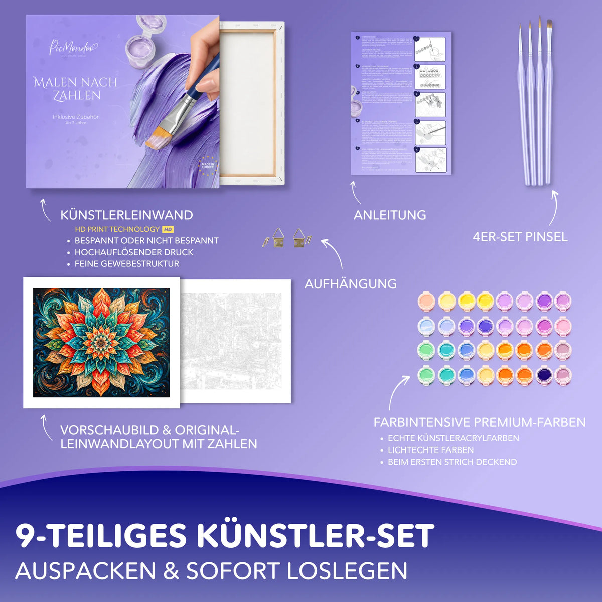 Malen nach Zahlen Set Farben des Lichts mit Leinwand, Acrylfarben und Pinseln für kreative Erwachsene