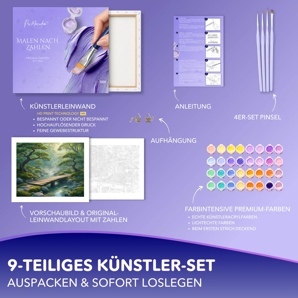 Malen nach Zahlen Set Grüne Harmonie mit Leinwand, Acrylfarben und Pinseln für Erwachsene