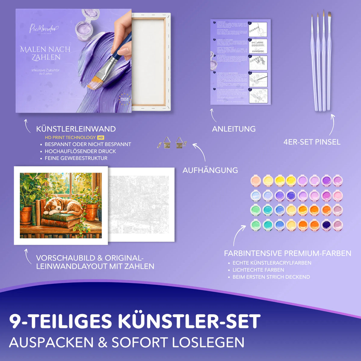 Malen nach Zahlen Set Kleiner Träumer mit Welpe, Leinwand, Pinsel, Acrylfarben und Anleitung für Erwachsene