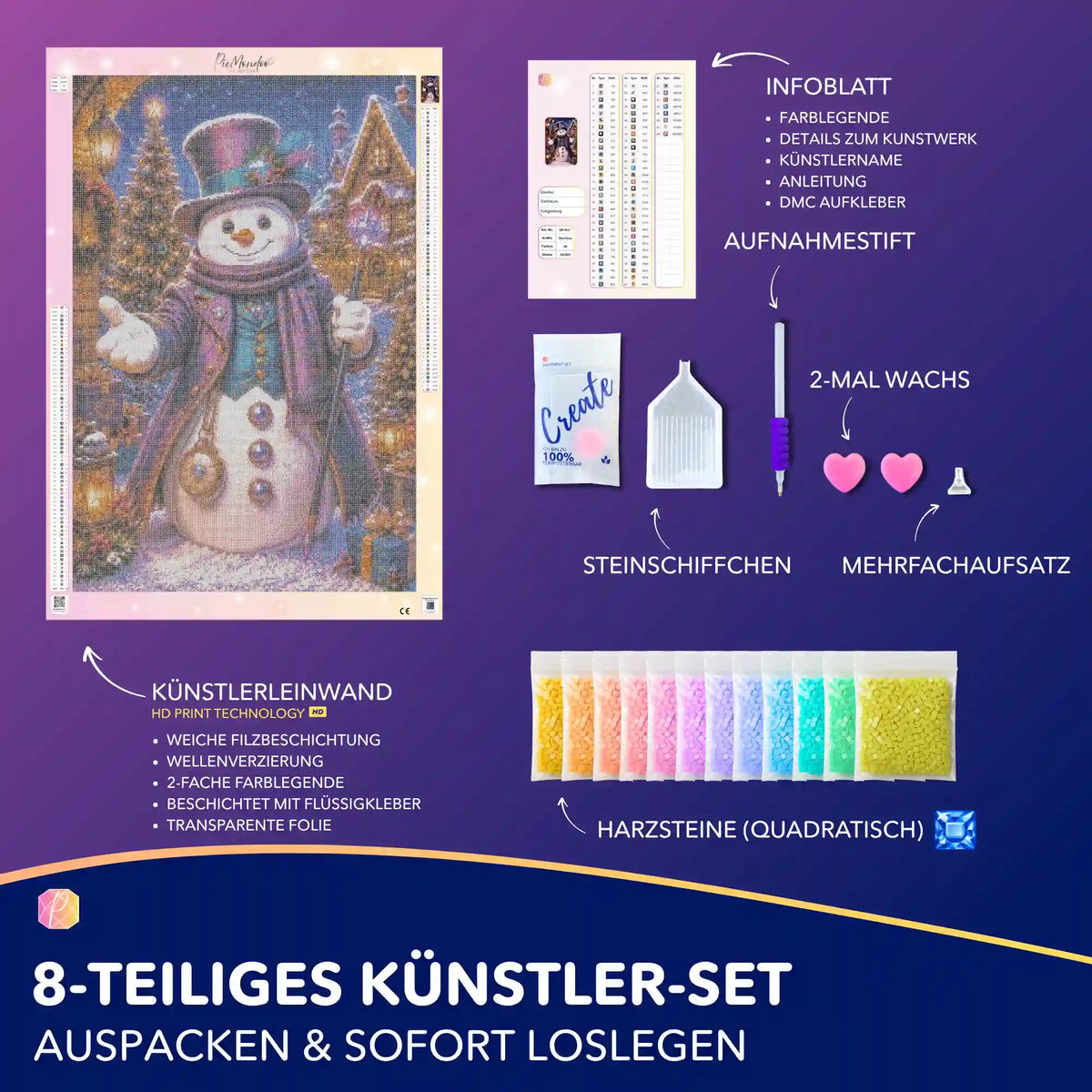 Diamond Painting Set Winterzauber mit Schneemann Motiv, eckigen Steinen und komplettem Zubehör für die Weihnachtszeit.