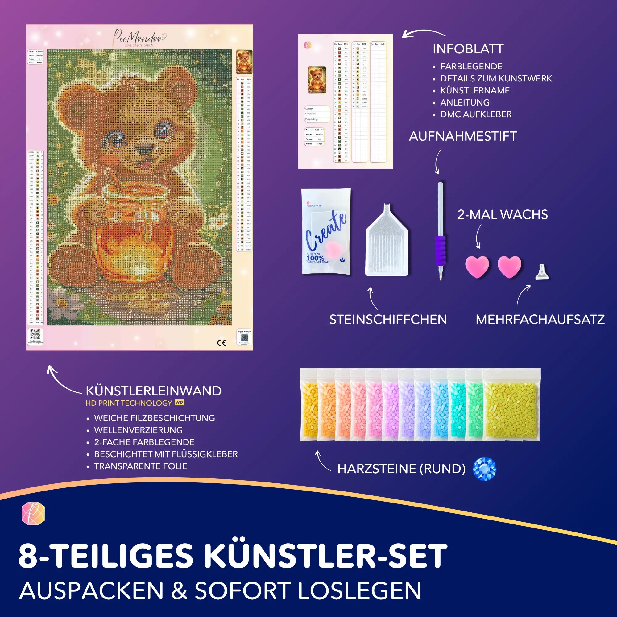 Diamond Painting Set Bärchen mit Honigtopf: Komplettes DIY-Bastelset mit Leinwand, runden Steinen und Zubehör.