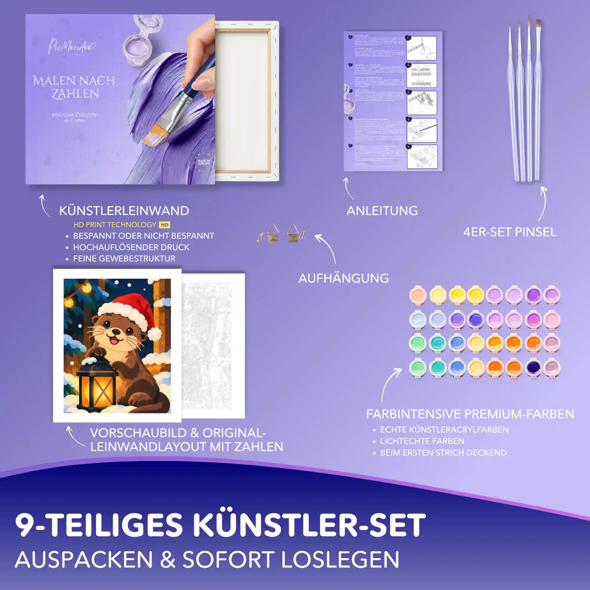 Malen nach Zahlen Set mit Otter in Weihnachtsmütze: Leinwand, 4 Pinsel, Acrylfarben, Anleitung und Aufhängung
