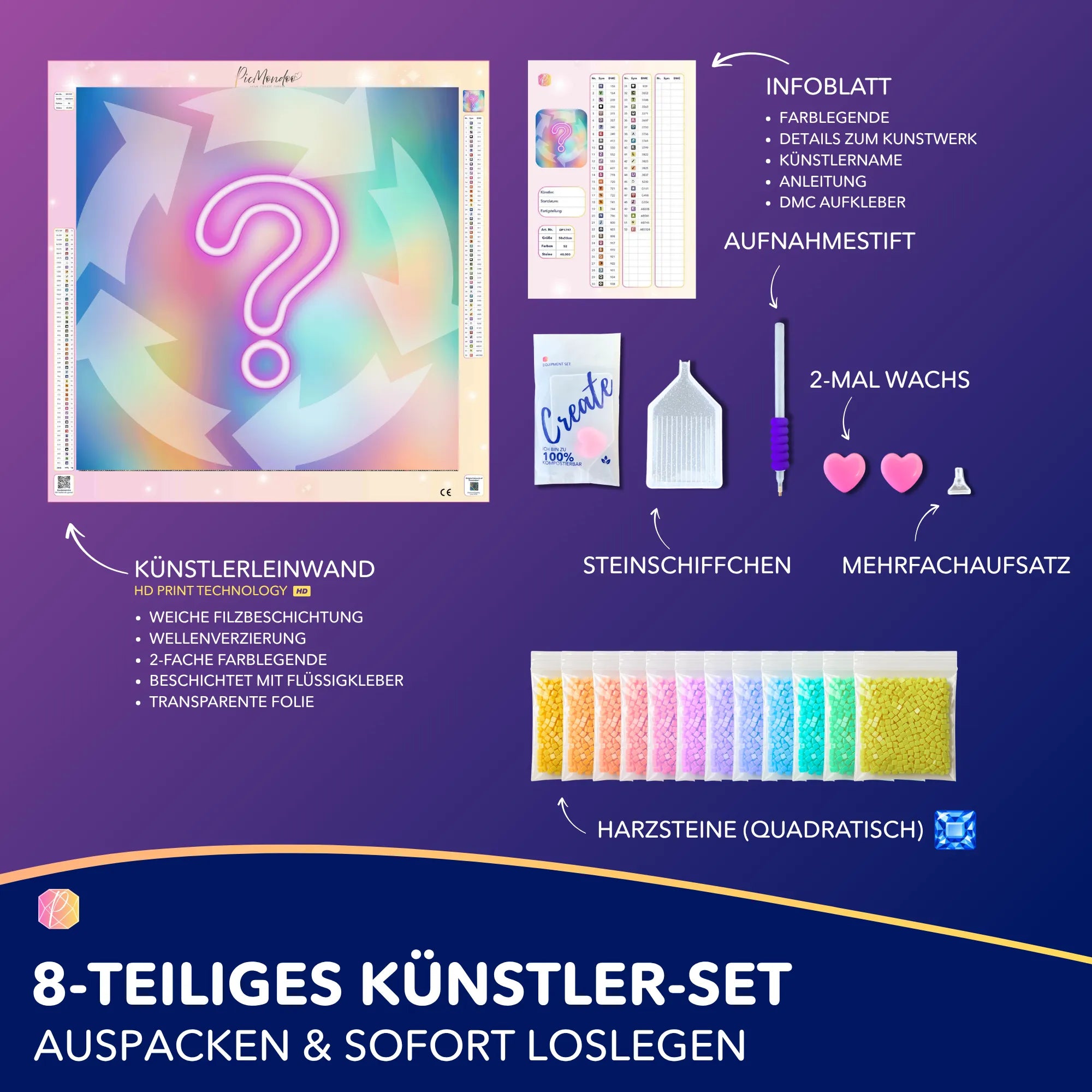 Diamond Painting Mystery Set mit 30x30cm Leinwand, bunten quadratischen Harzsteinen, Werkzeug und Farblegende