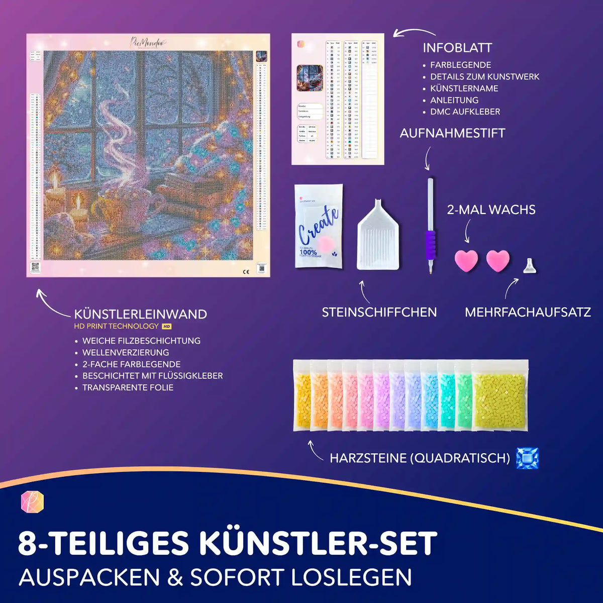 Diamond Painting Set Weihnachtszauber mit Leinwand, quadratischen Steinen und Zubehör für eine winterliche Fenster-Szene.