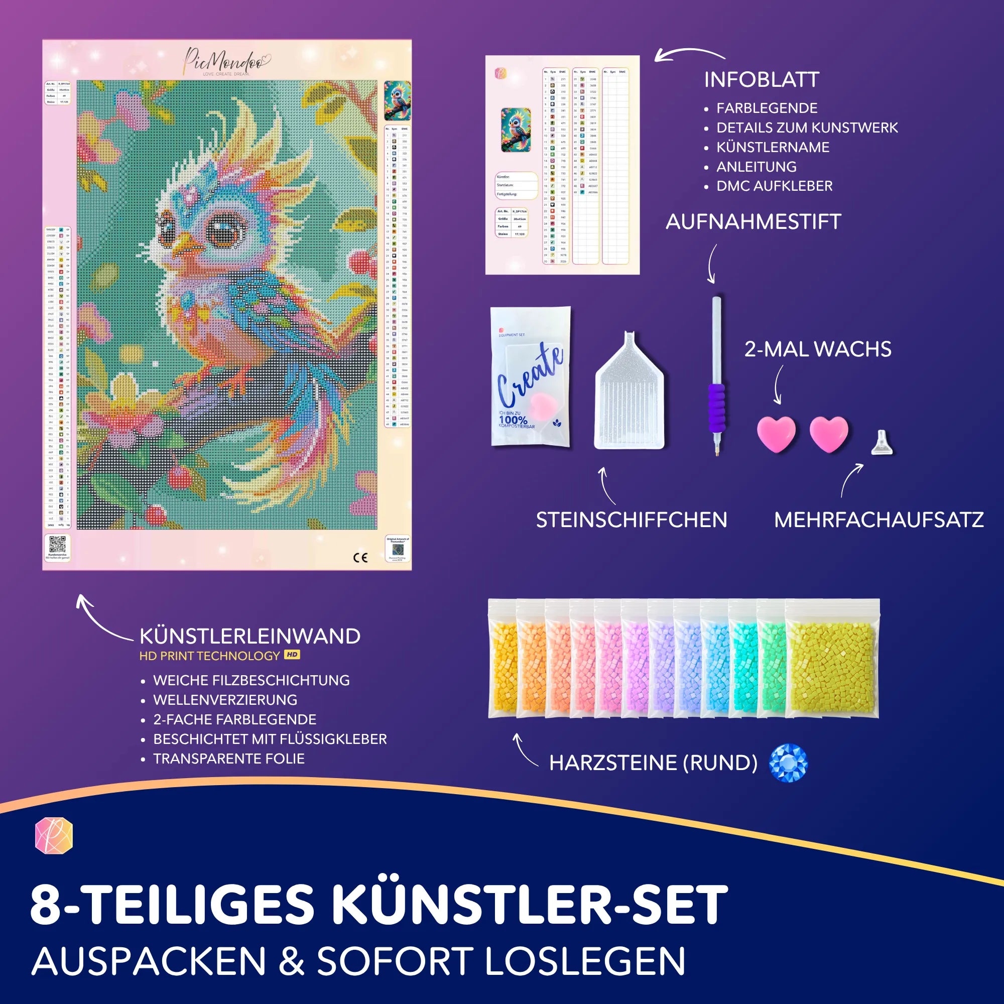 Diamond Painting Set Farbenkind: Bunter Fantasievogel auf Leinwand mit runden Steinen, Werkzeug und Farblegende.