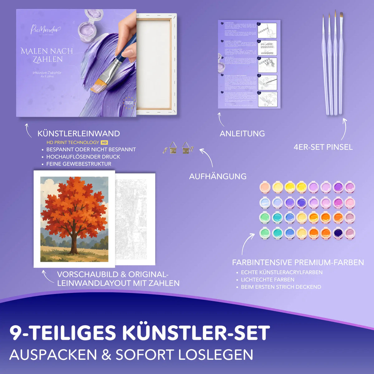 Malen nach Zahlen Set Flammender Herbst: Leinwand, Acrylfarben, Pinsel, Anleitung und Aufhängung mit rotem Herbstbaum
