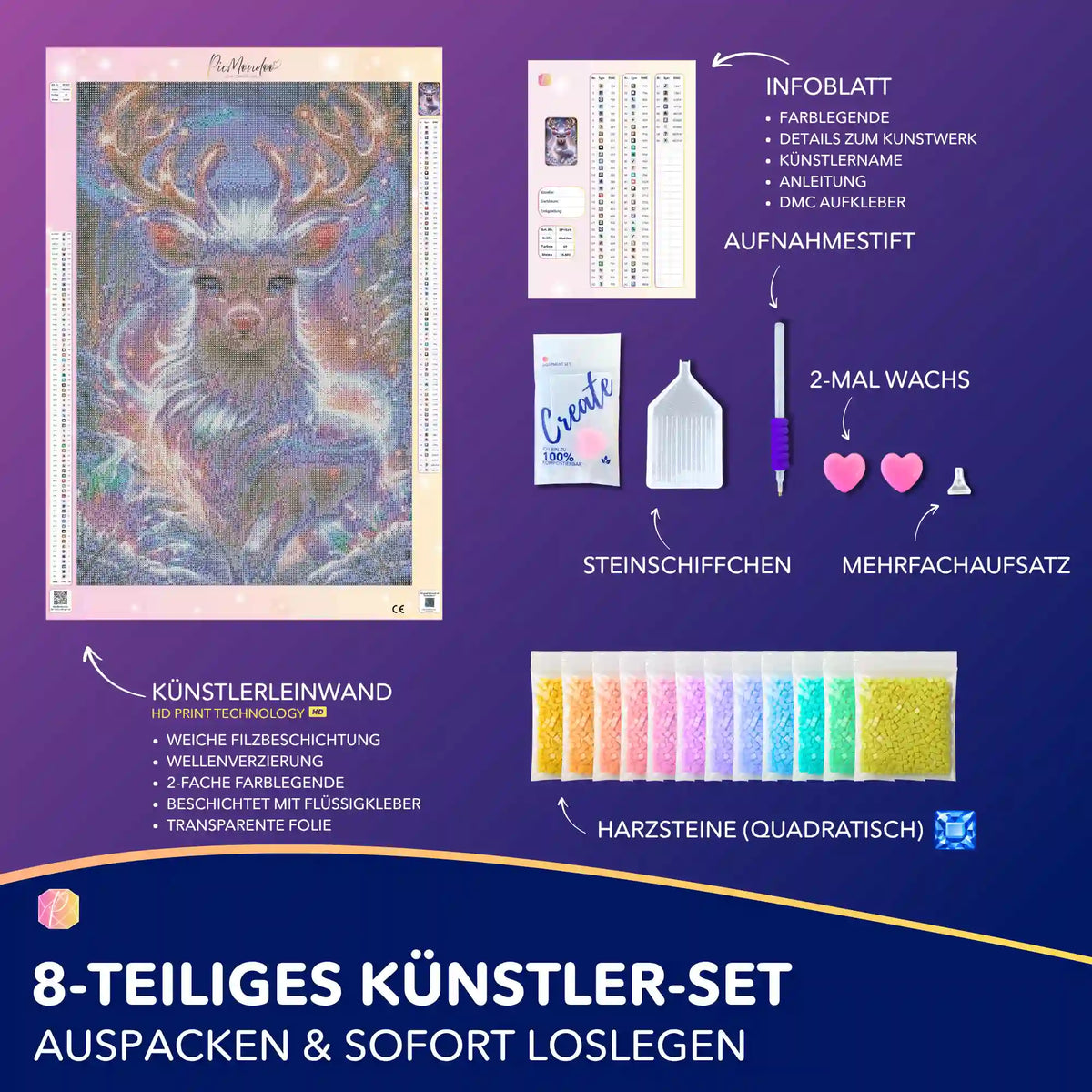 Diamond Painting Set Magie des Winterwaldes mit Rentier-Motiv, quadratischen Steinen und Zubehör für DIY-Kunstwerke.