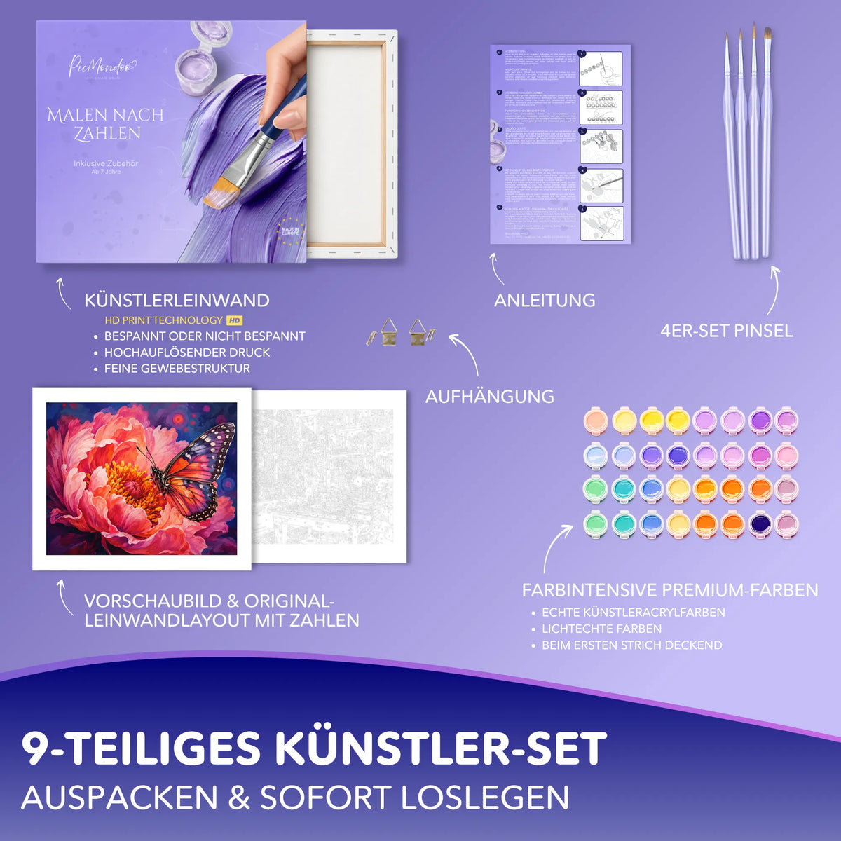 Malen nach Zahlen Set Flügelschlag aus Licht mit Acrylfarben, Leinwand, Pinseln und Anleitung für Erwachsene