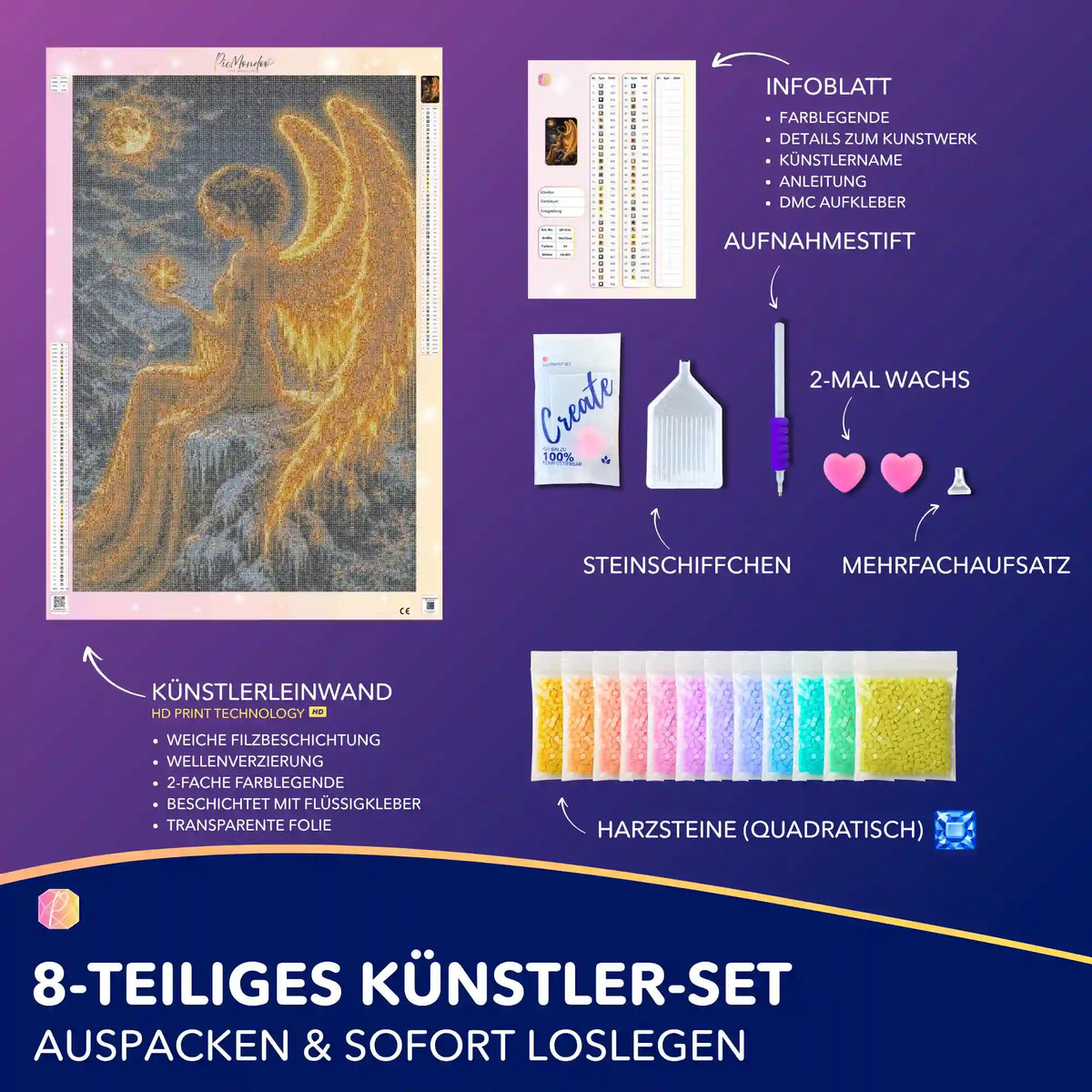 Diamond Painting Set Engelsmotiv Wo das Licht erwacht mit Leinwand, quadratischen Steinen und professionellem Zubehör