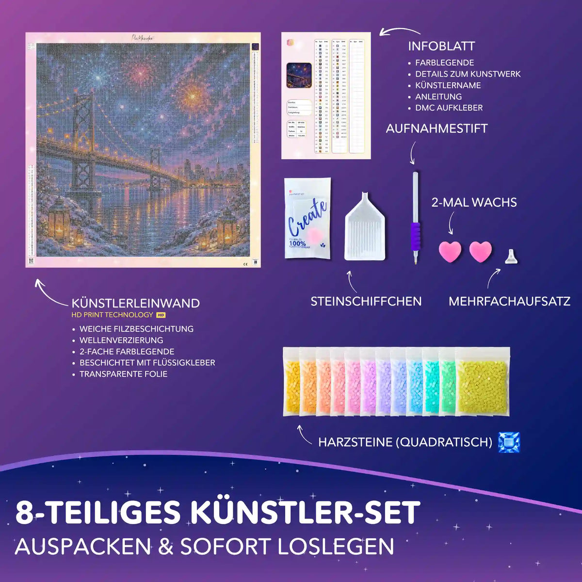 Diamond Painting Set mit Winter-Brücke Leinwand, quadratischen Steinen und 8-teiligem Künstler-Zubehör.