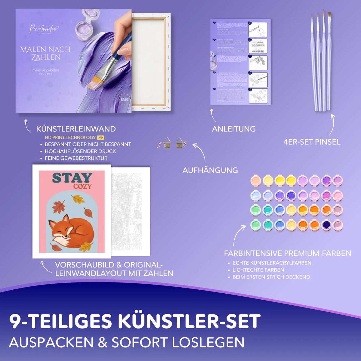 Malen nach Zahlen Set Stay Cozy mit Fuchs-Motiv, Leinwand, Acrylfarben, 4 Pinseln, Anleitung und Aufhängung