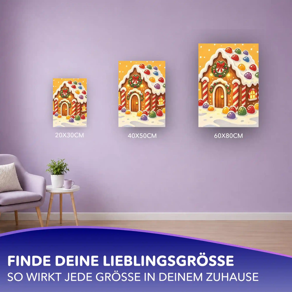 Malen nach Zahlen Lebkuchenhaus mit Zuckerglasur in 3 Größen (20x30, 40x50, 60x80 cm) an lila Wohnzimmerwand