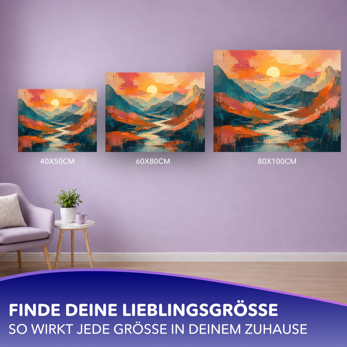 Malen nach Zahlen für Erwachsene: Berglandschaft mit Sonnenuntergang in verschiedenen Größen als Wanddekoration.