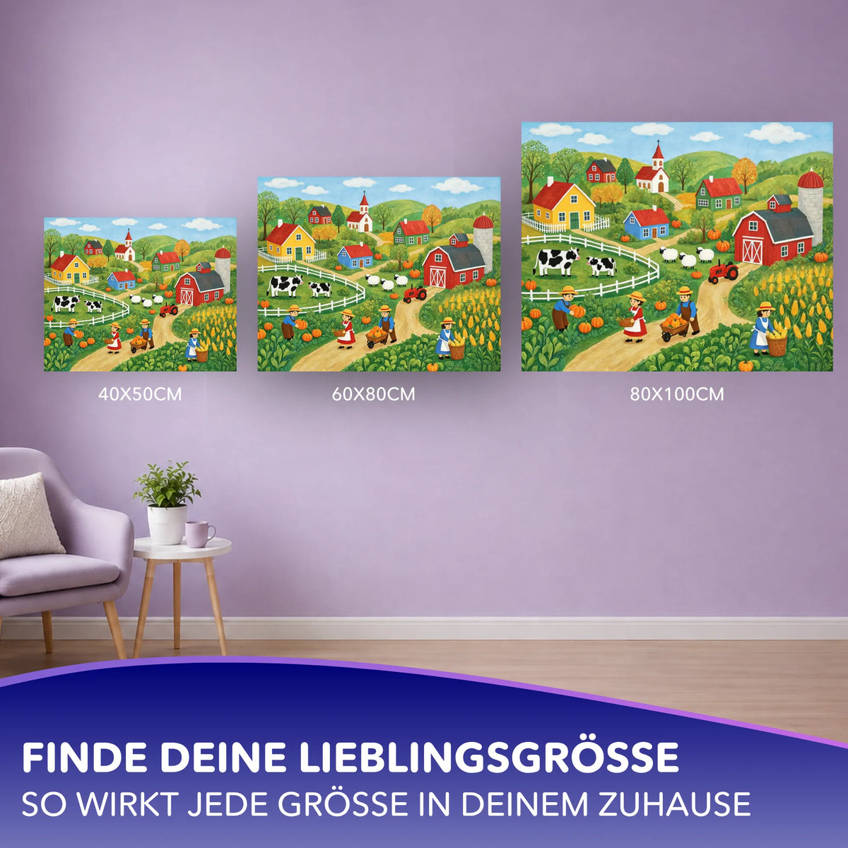 Malen nach Zahlen für Erwachsene: Motiv Ernteglück in drei verschiedenen Leinwandgrößen an einer lila Wand präsentiert.