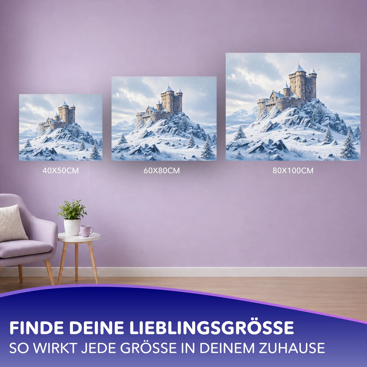 Malen nach Zahlen für Erwachsene: Stille des Winters mit verschneiter Burg in verschiedenen Formaten an der Wand
