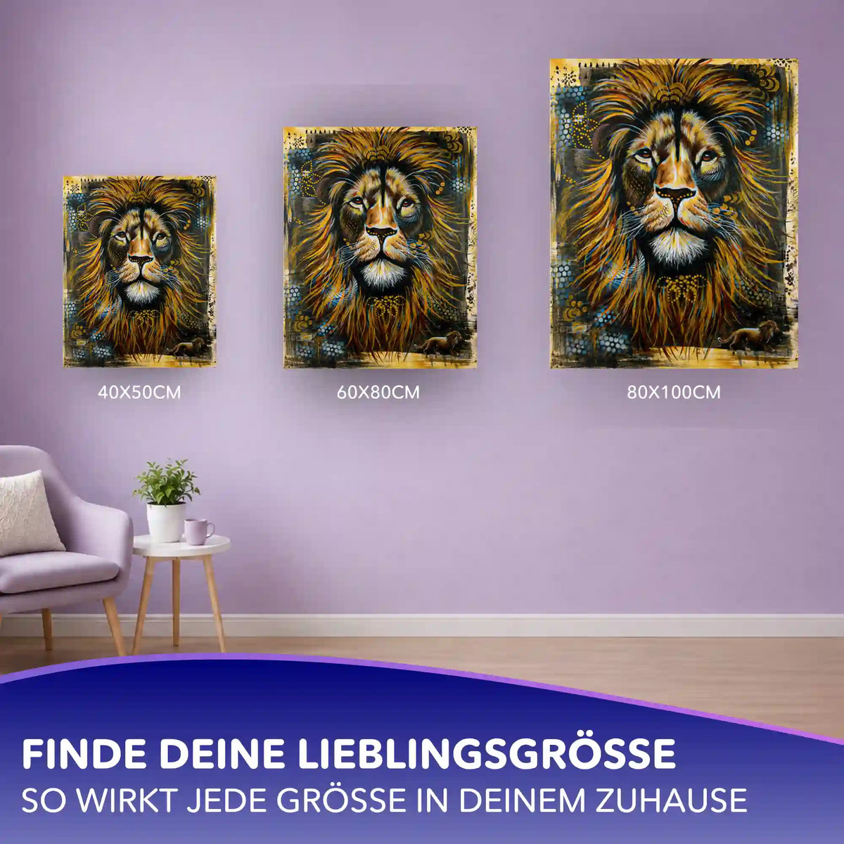 Malen nach Zahlen Erwachsene: Löwen-Motiv Erbe des Feuers im Größenvergleich 40x50 cm, 60x80 cm und 80x100 cm.