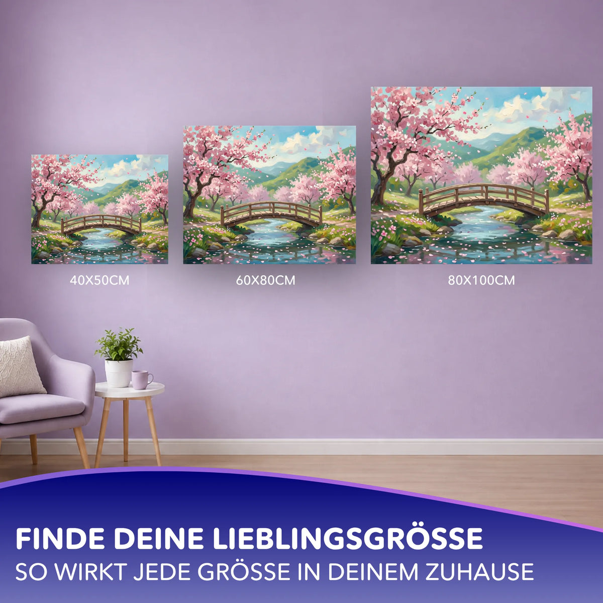 Malen nach Zahlen für Erwachsene Motiv Brücke im Frühling in verschiedenen Größen an einer Wand präsentiert.