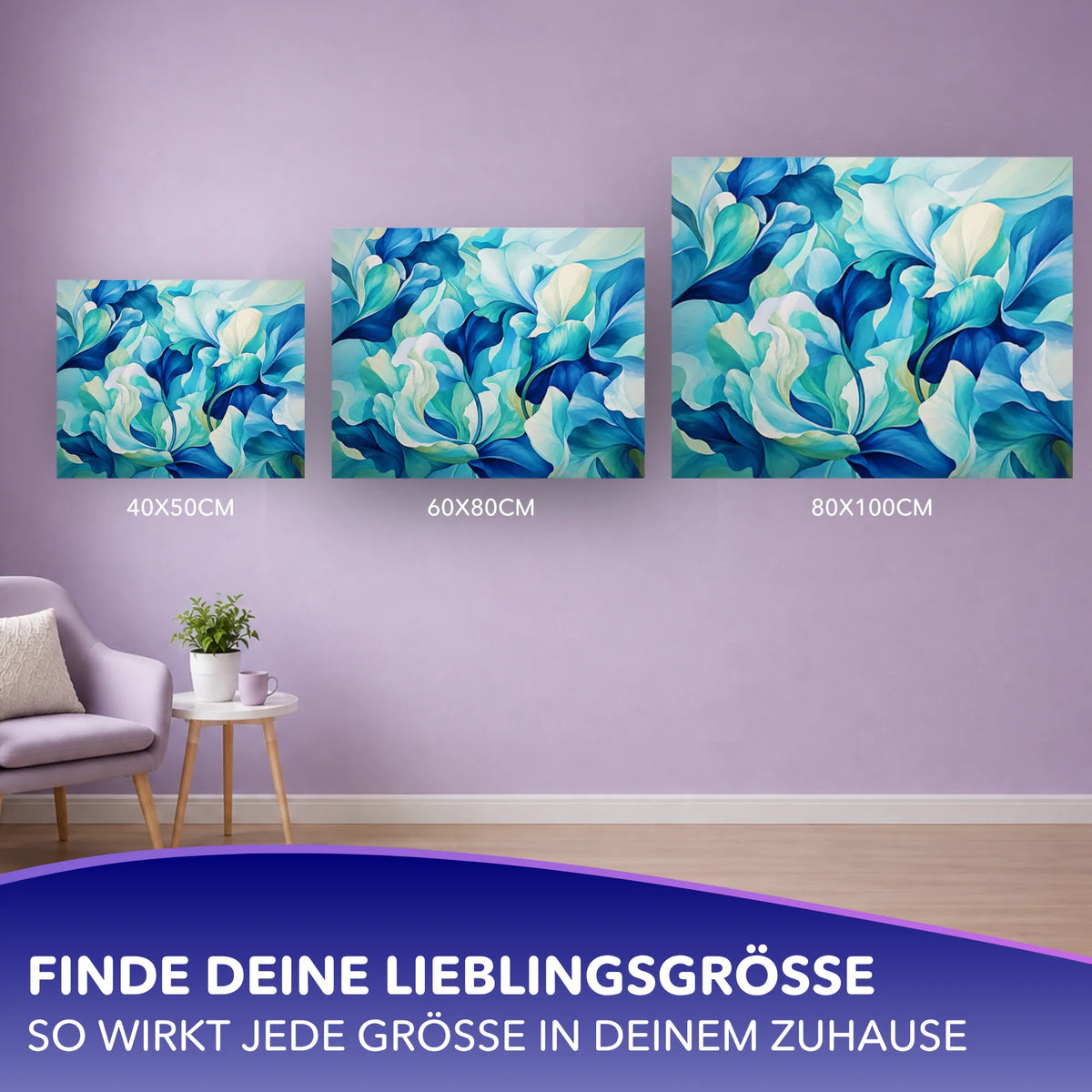 Malen nach Zahlen für Erwachsene Blaue Poesie in drei Leinwandgrößen zur Dekoration an einer violetten Wand