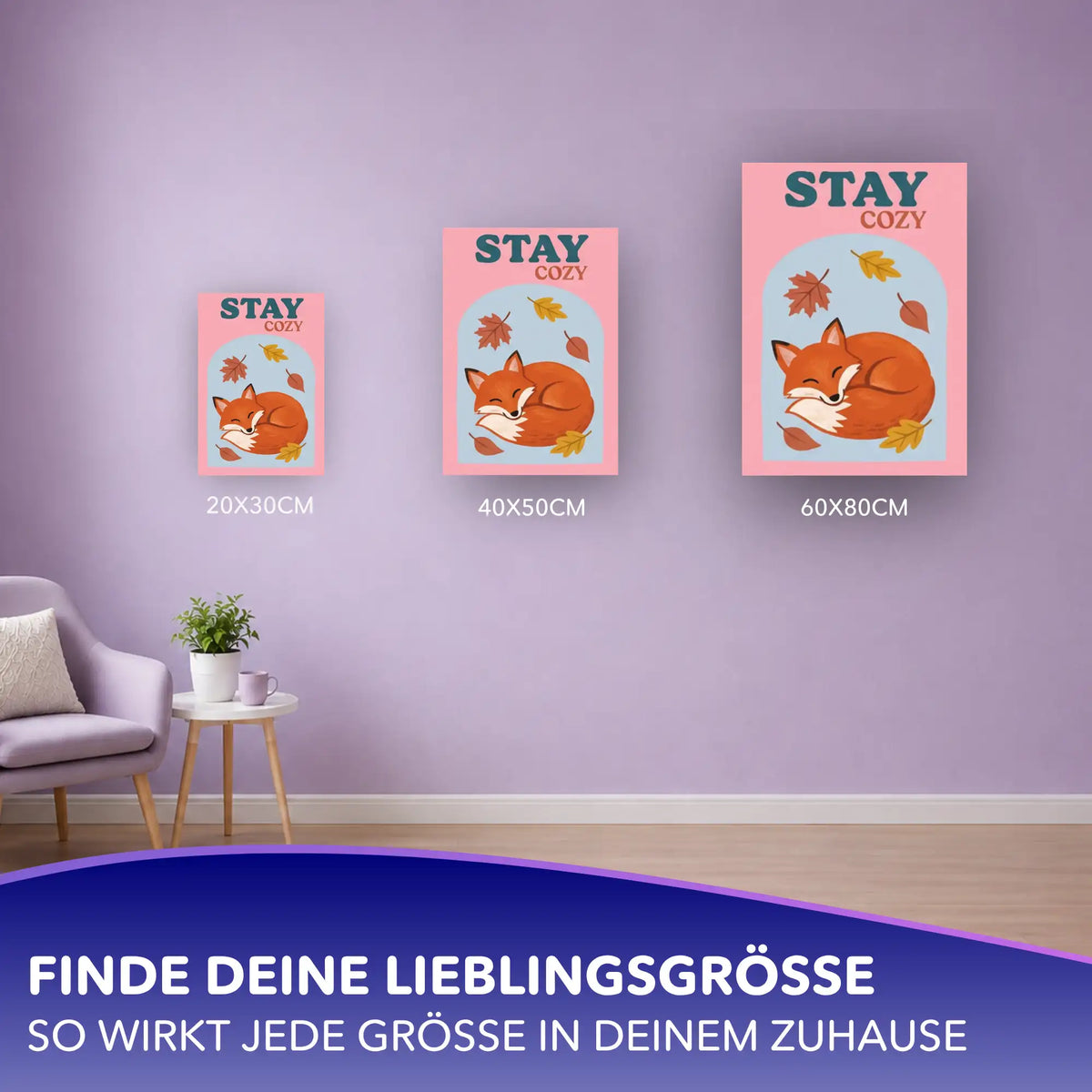 Malen nach Zahlen Stay Cozy: schlafender Fuchs mit Herbstblättern in drei Größen (20x30, 40x50, 60x80 cm) an Wand