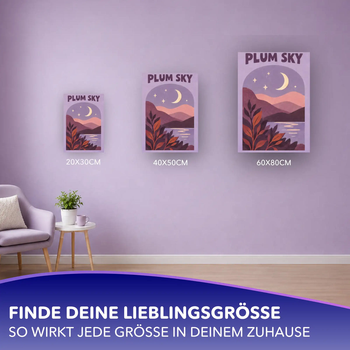 Malen nach Zahlen Plum Sky in 3 Größen an Flieder-Wand: Mondsichel, rosa Hügel, See und rostrote Blätter