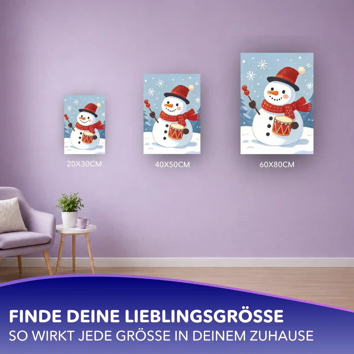 Malen nach Zahlen Schneemann mit Trommel in drei Größen (20x30, 40x50, 60x80 cm) an lila Wohnzimmerwand