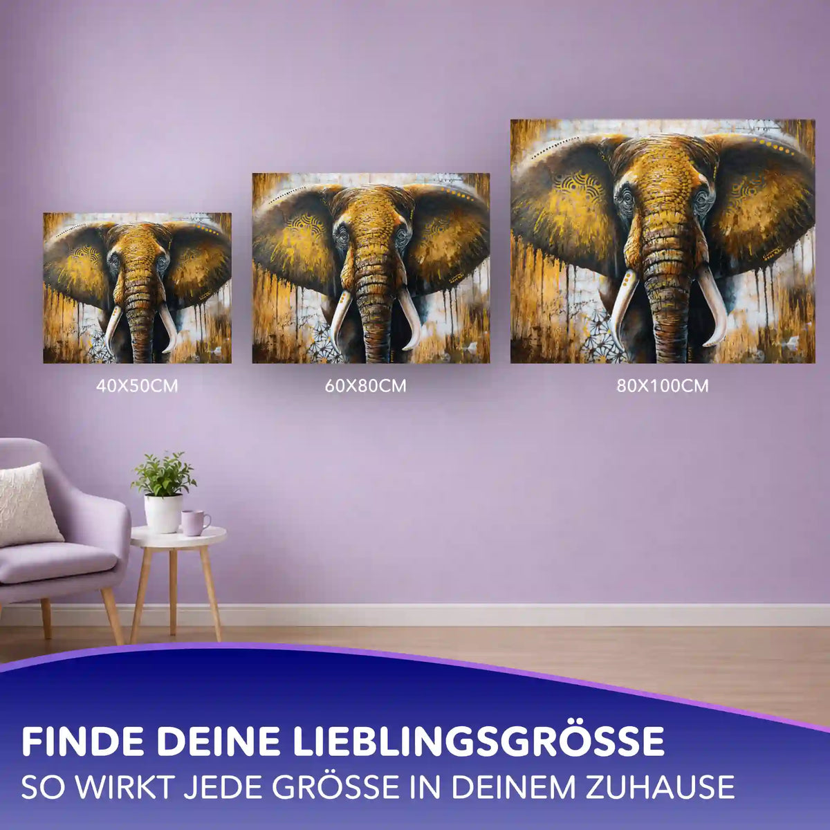Malen nach Zahlen Erwachsene: Elefant Erbe der Erinnerung im Größenvergleich an einer Wohnzimmerwand