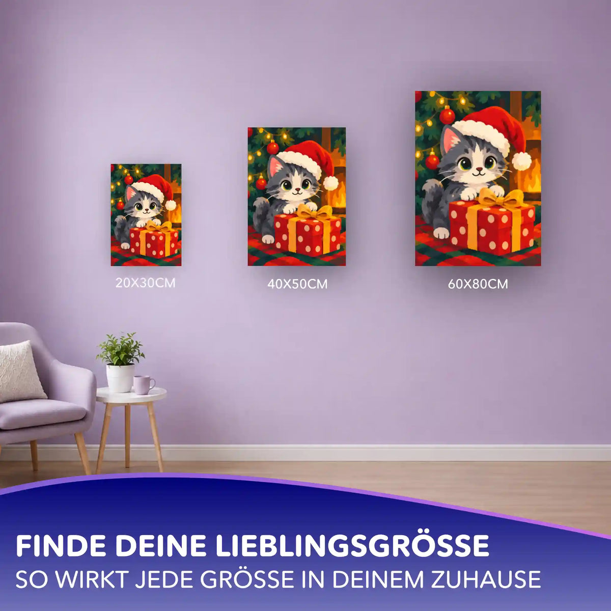 Malen nach Zahlen Kätzchen mit Weihnachtsmütze und Geschenk in drei Größen (20x30, 40x50, 60x80 cm) an lila Wand