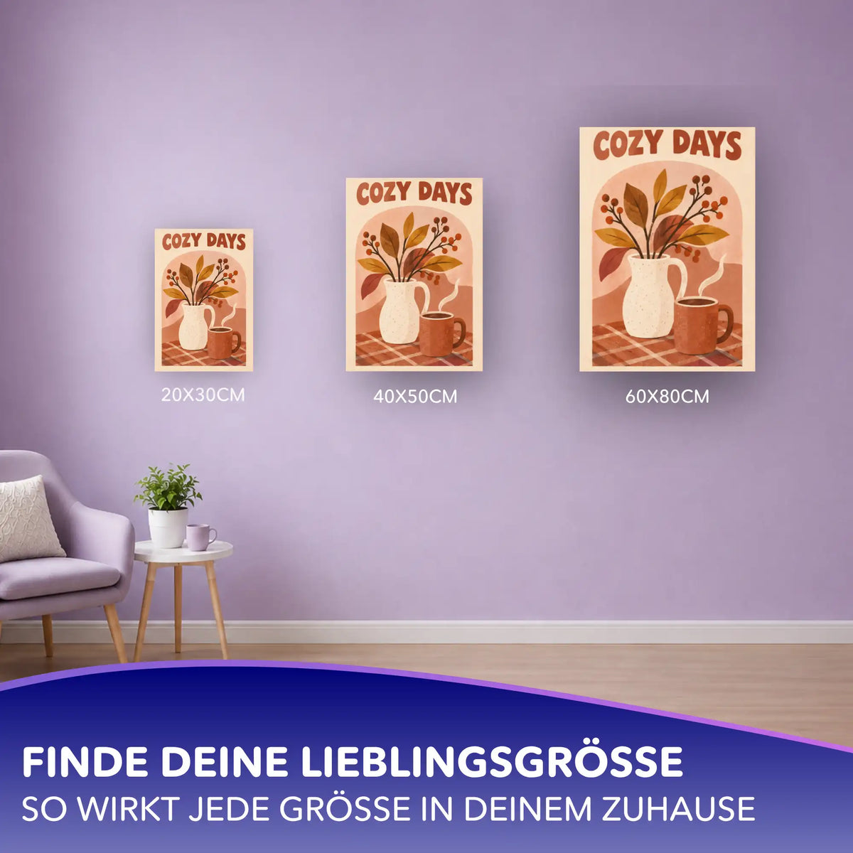 Malen nach Zahlen Cozy Days in drei Größen an lila Wand: Herbstblätter in Vase, Kaffeetasse und karierte Decke