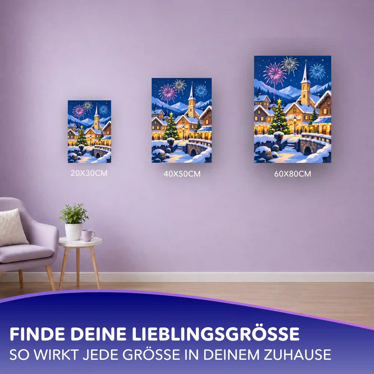Malen nach Zahlen Winterdorf mit Feuerwerk in drei Größen (20x30, 40x50, 60x80 cm) als Wanddeko im Wohnzimmer