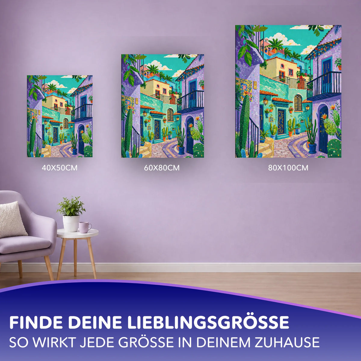 Malen nach Zahlen für Erwachsene: Farben des Südens in drei Leinwandgrößen an einer Wand