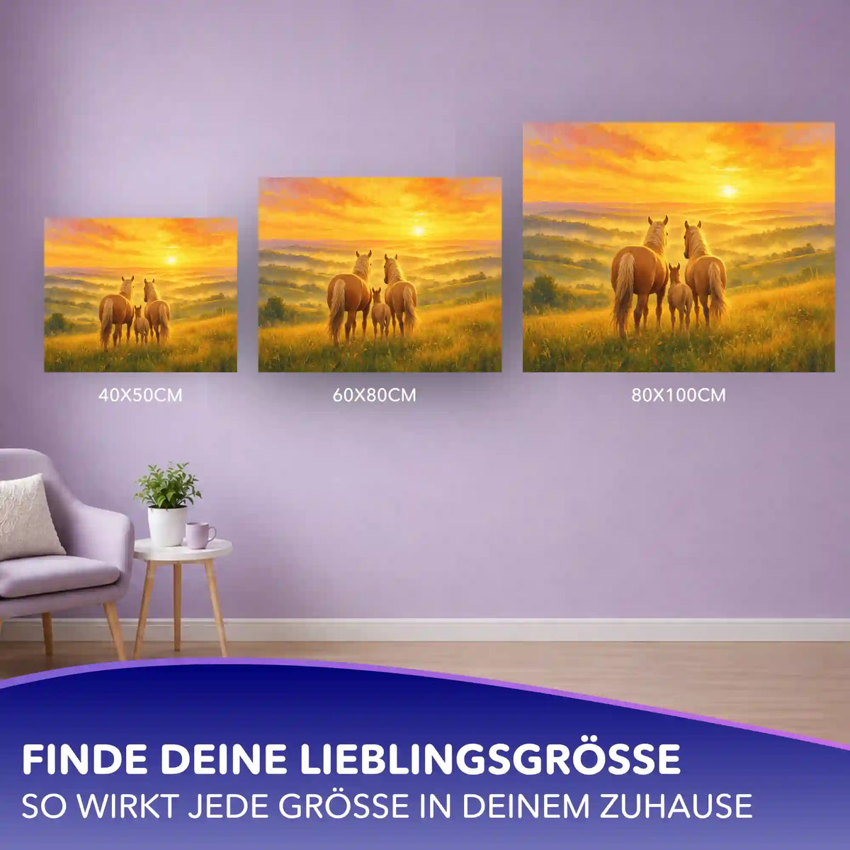 Größenvergleich für Malen nach Zahlen Erwachsene: Pferdefamilie im Sonnenuntergang in 40x50, 60x80 und 80x100 cm