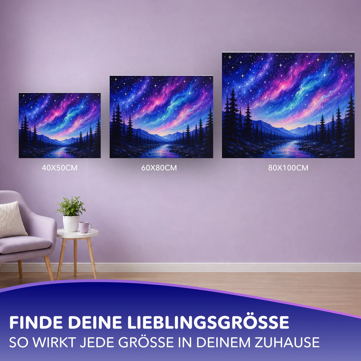 Malen nach Zahlen für Erwachsene: Leuchtender Sternenhimmel über Berglandschaft in verschiedenen Größen an einer Wand