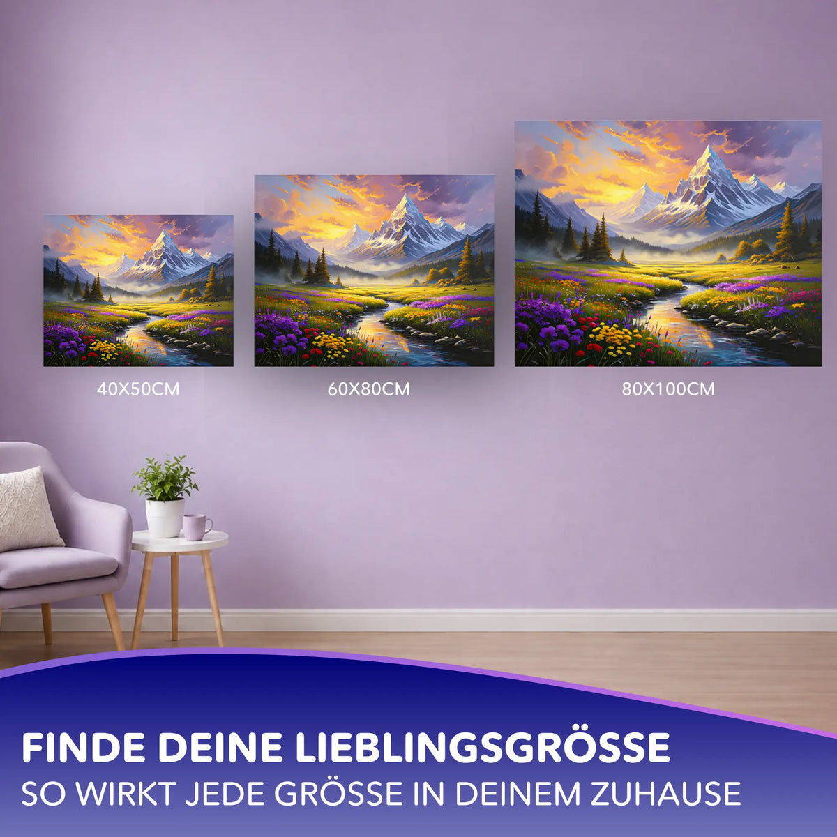 Malen nach Zahlen für Erwachsene: Blütenmeer im Tal Landschaftsmotiv in verschiedenen Formaten an der Wand präsentiert