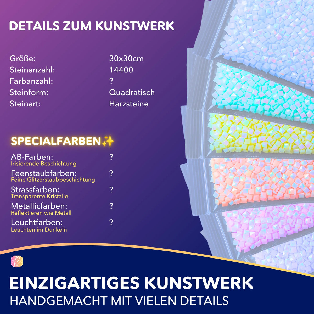 Diamond Painting Set Details mit quadratischen Harzsteinen in Pastellfarben für ein kreatives DIY-Kunstwerk