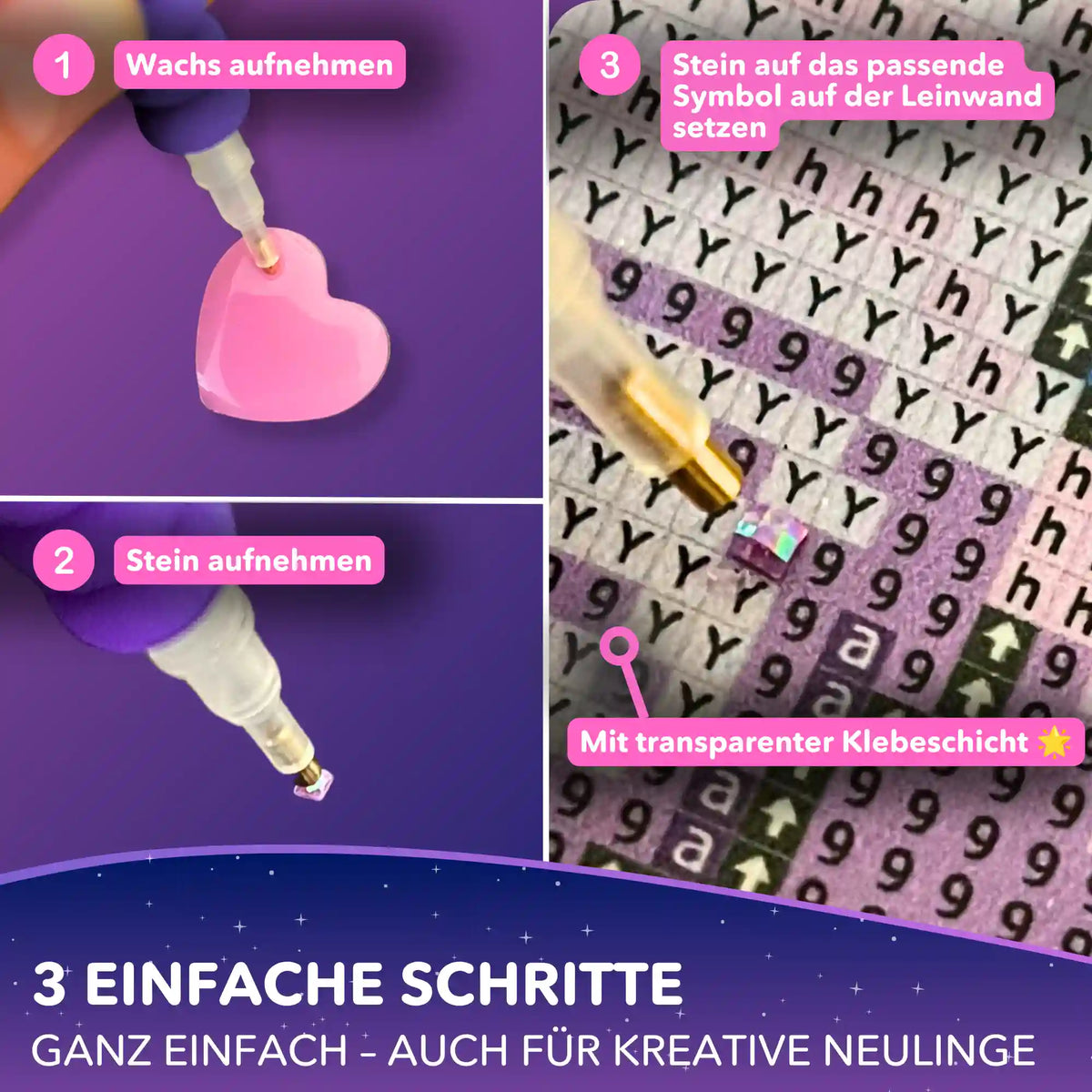 Diamond Painting Set Anleitung: In 3 Schritten Steinchen mit Wachs und Stift auf die Klebeleinwand setzen.
